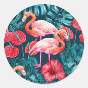 Flamingo birds and tropical garden watercolor classic round sticker