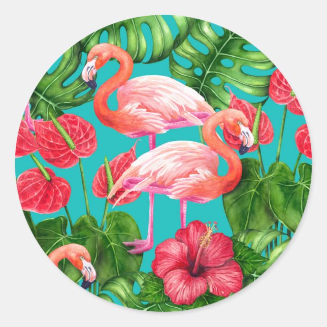 Flamingo birds and tropical garden watercolor classic round sticker (Front)