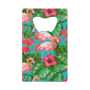 Flamingo birds and tropical garden watercolor credit card bottle opener