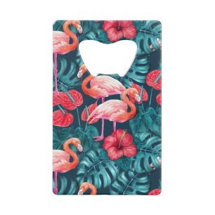 Flamingo birds and tropical garden watercolor credit card bottle opener