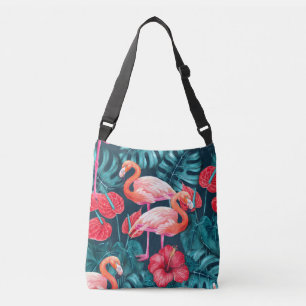 Flamingo birds and tropical garden watercolor crossbody bag