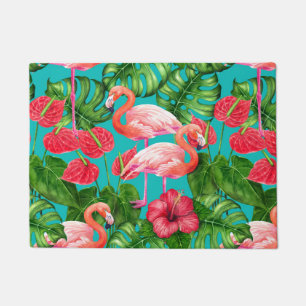 Flamingo birds and tropical garden watercolor doormat