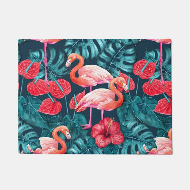 Flamingo birds and tropical garden watercolor doormat (Front)