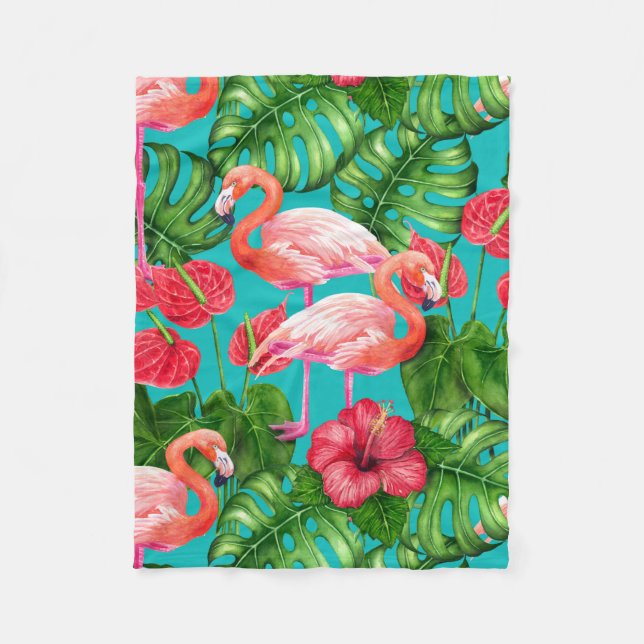 Flamingo birds and tropical garden watercolor fleece blanket (Front)