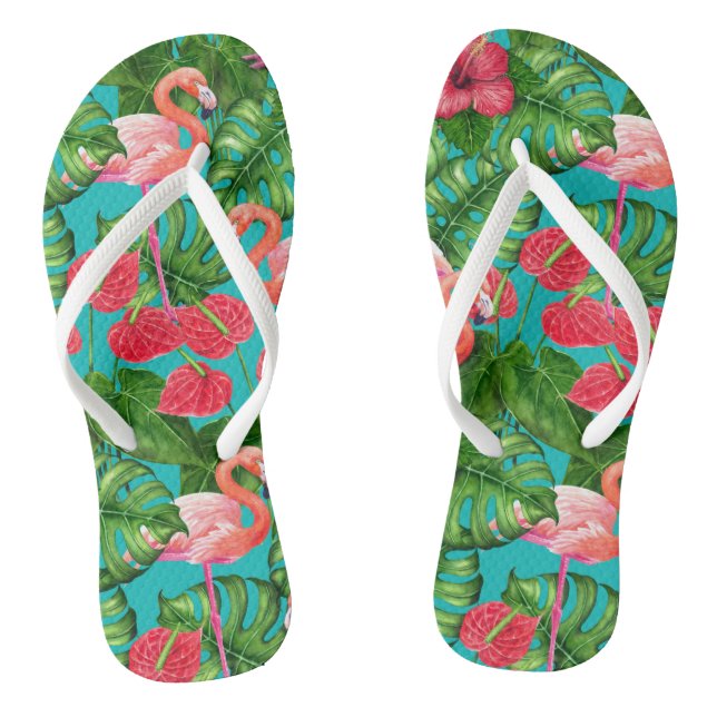 Flamingo birds and tropical garden watercolor flip flops (Footbed)