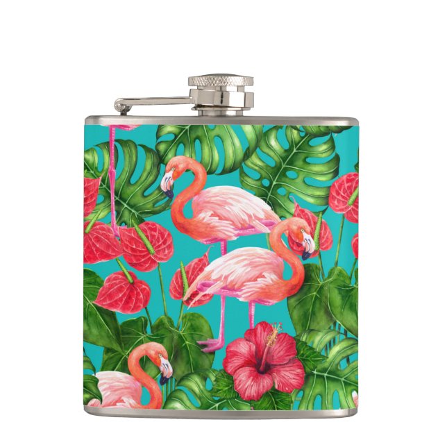 Flamingo birds and tropical garden watercolor hip flask (Front)