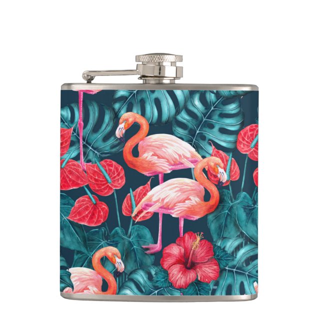 Flamingo birds and tropical garden watercolor hip flask (Front)