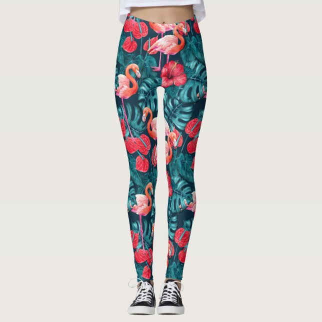 Flamingo birds and tropical garden watercolor leggings (Front)