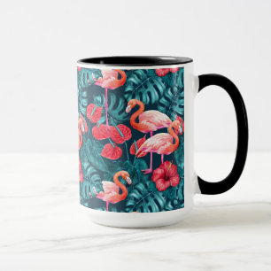 Flamingo birds and tropical garden watercolor mug