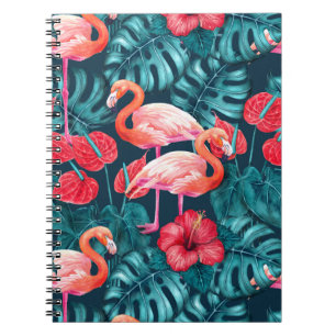 Flamingo birds and tropical garden watercolor notebook