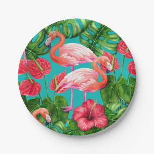 Flamingo birds and tropical garden watercolor paper plate