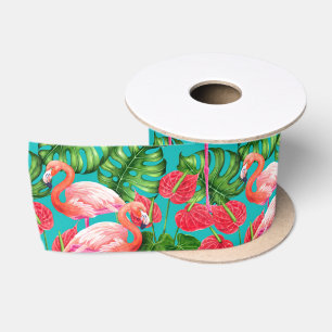 Flamingo birds and tropical garden watercolor satin ribbon