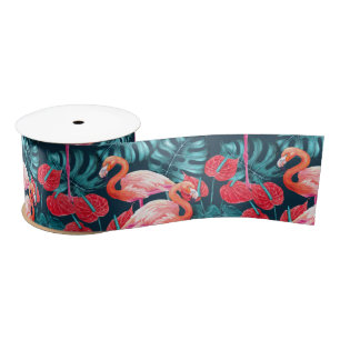 Flamingo birds and tropical garden watercolor satin ribbon