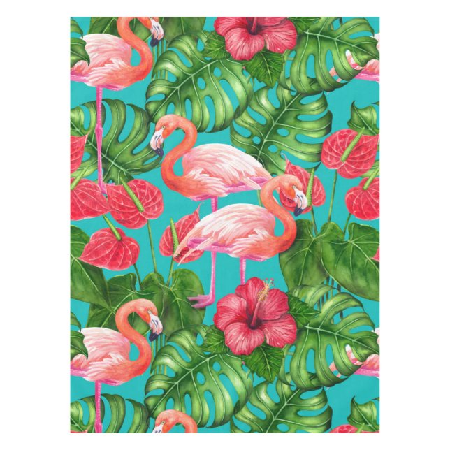 Flamingo birds and tropical garden watercolor tablecloth (Front)
