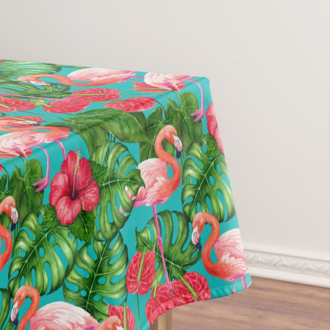 Flamingo birds and tropical garden watercolor tablecloth (In Situ)