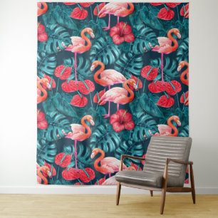 Flamingo birds and tropical garden watercolor tapestry