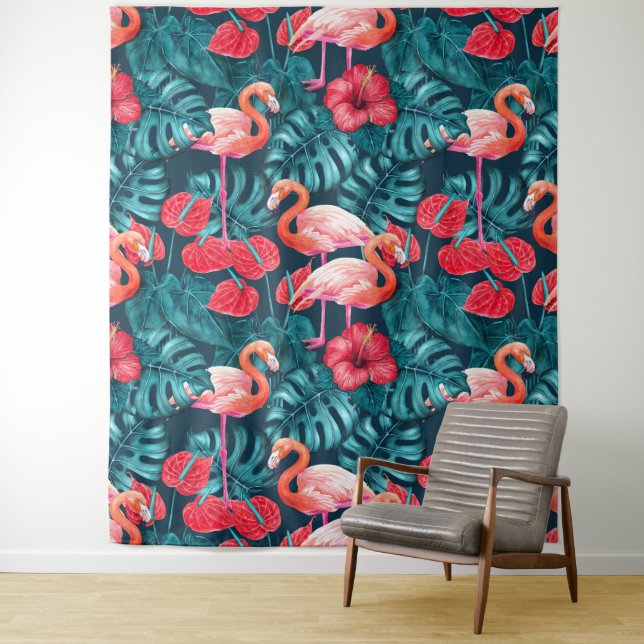Flamingo birds and tropical garden watercolor tapestry (In Situ)