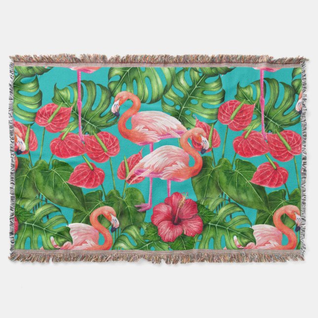 Flamingo birds and tropical garden watercolor throw blanket (Front)