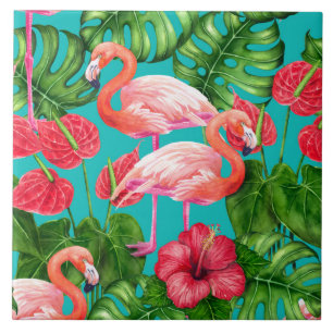 Flamingo birds and tropical garden watercolor tile