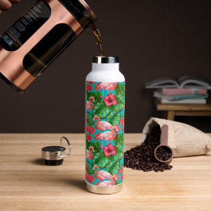 Flamingo birds and tropical garden watercolor water bottle