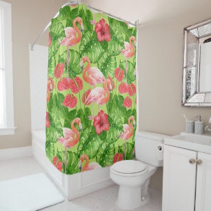 Flamingo birds and tropical plants