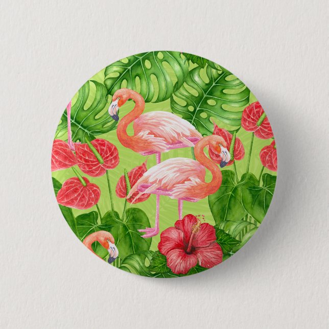 Flamingo birds and tropical plants 2 inch round button (Front)