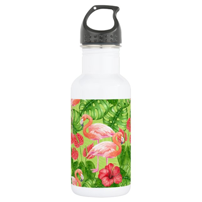 Flamingo birds and tropical plants 532 ml water bottle (Front)