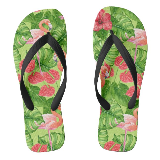 Flamingo birds and tropical plants flip flops (Footbed)