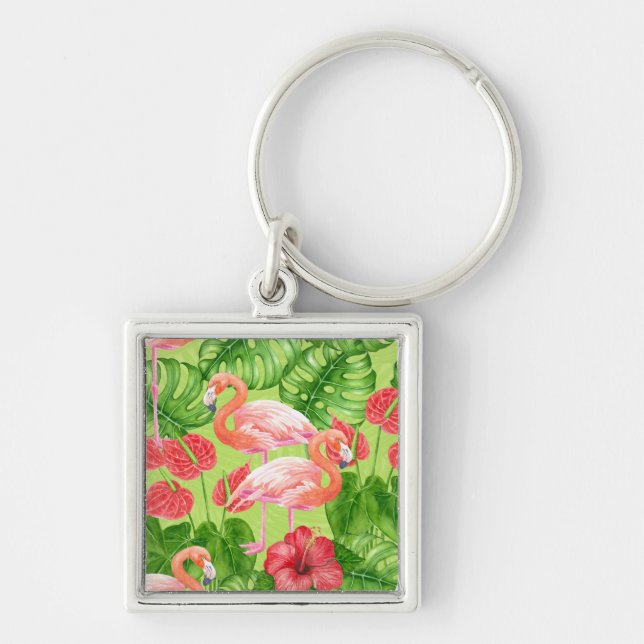 Flamingo birds and tropical plants keychain (Front)