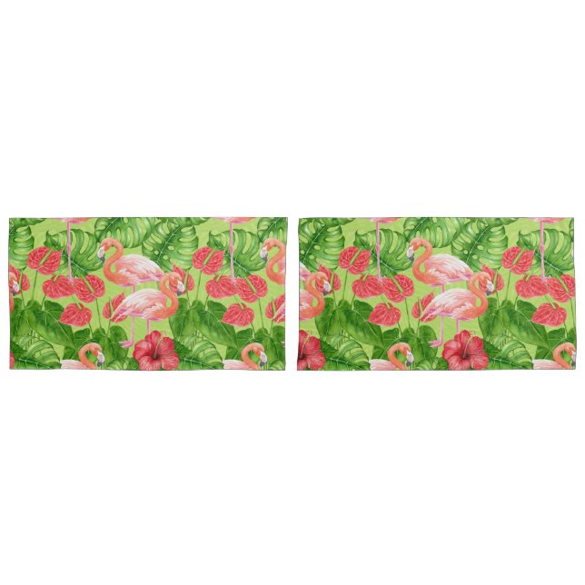 Flamingo birds and tropical plants pillowcase (Front-Set)