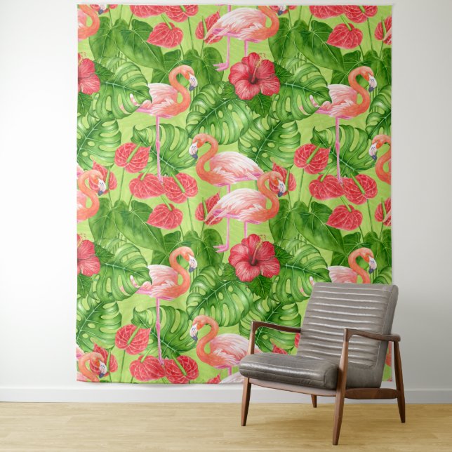 Flamingo birds and tropical plants tapestry (In Situ)