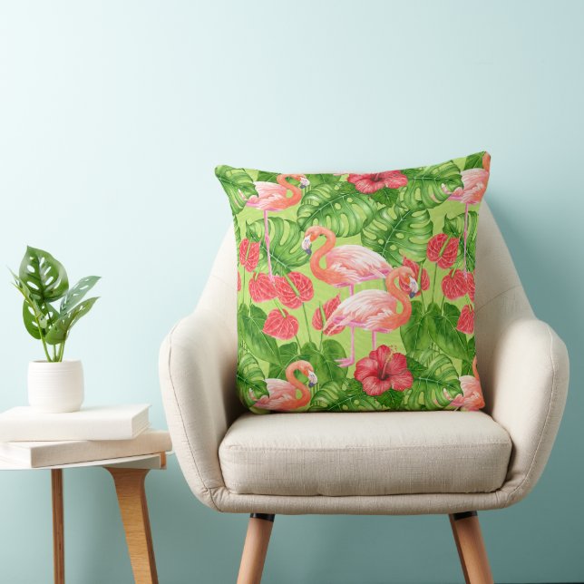 Flamingo birds and tropical plants throw pillow (Chair)