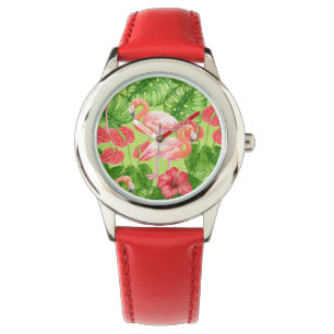 Flamingo birds and tropical plants watch