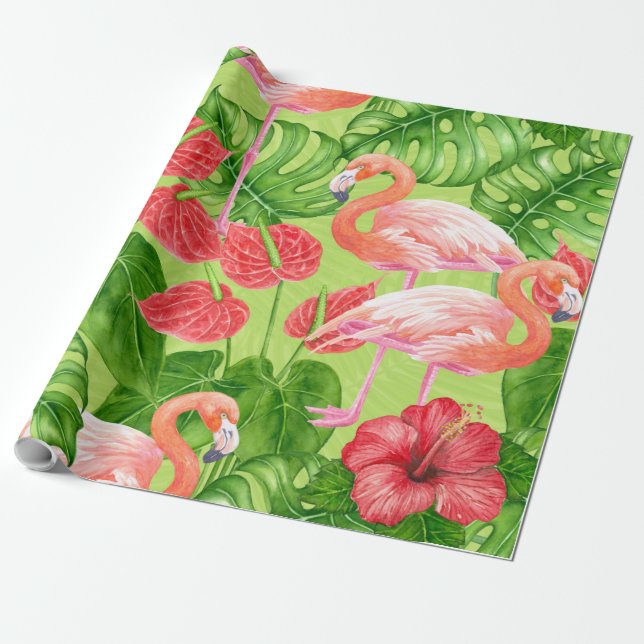 Flamingo birds and tropical plants wrapping paper (Unrolled)