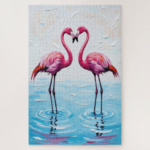 Flamingo Birds Heart Silhouette Painting Jigsaw Puzzle