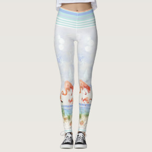 Flamingo Birds Ocean Beach Seashell Striped Art Leggings