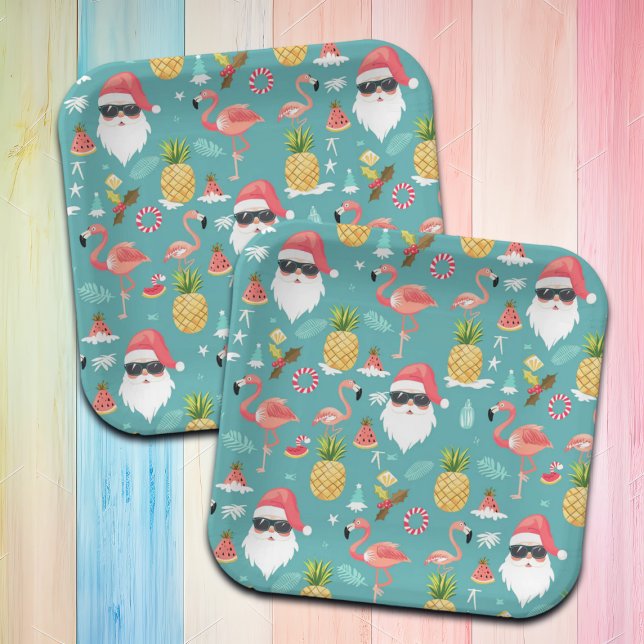 Flamingo Birds Santa Claus Christmas in July Party Paper Plate (Creator Uploaded)