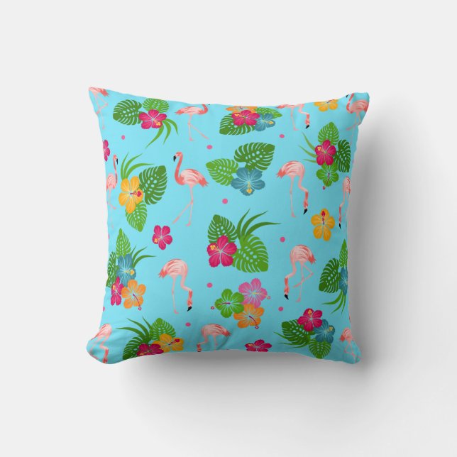 Flamingo Birds with Hibiscus Flowers Throw Pillow (Front)