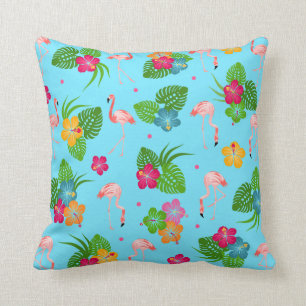 Flamingo Birds with Hibiscus Flowers Throw Pillow