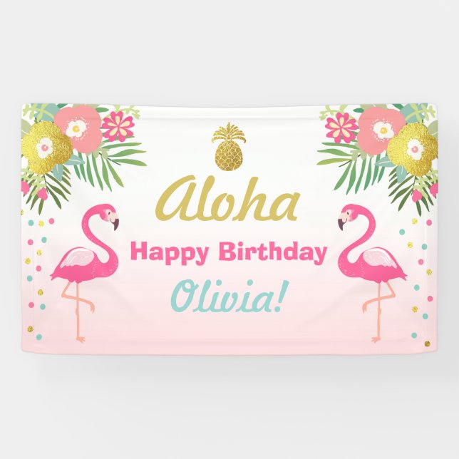 Flamingo birthday banner Tropical Luau Pineapple (Horizontal)