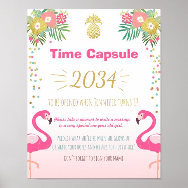 Flamingo Birthday guestbook Time Capsule Pineapple (Front)