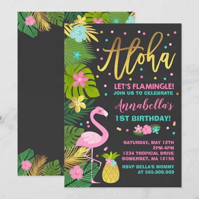 Flamingo Birthday Invitation Topical Luau Party (Front/Back)