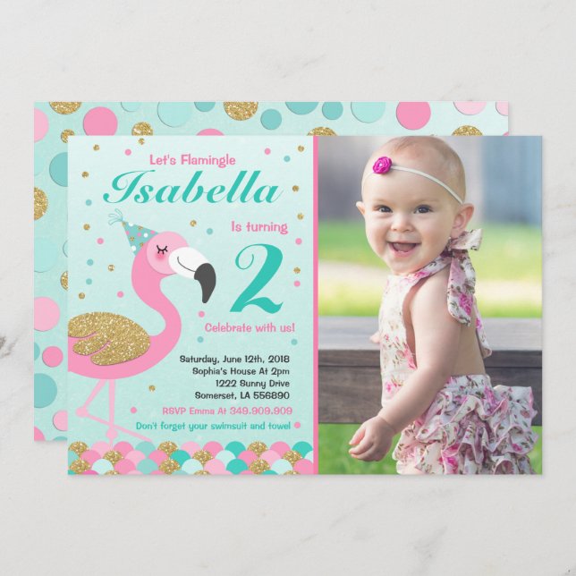 Flamingo Birthday Invitation Topical Pool Party (Front/Back)