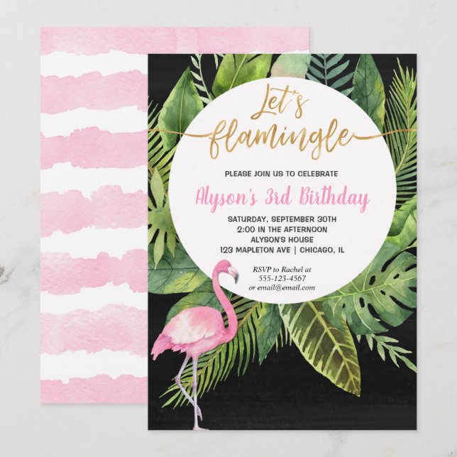Flamingo birthday invitations, Let's flamingle Invitation (Front/Back)