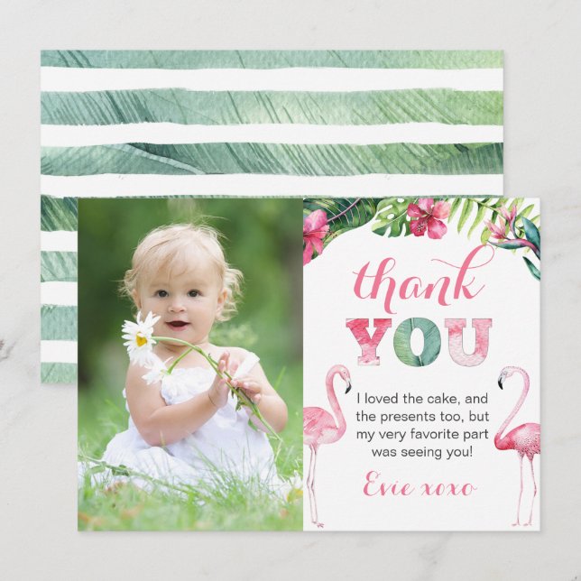 Flamingo Birthday Party Picture Thank You Card (Front/Back)