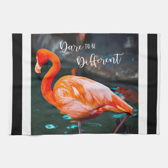 Flamingo Black White Stripes Dare Quote Script Kitchen Towel (Horizontal)