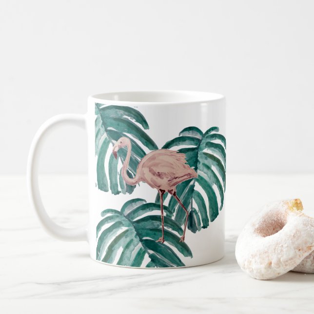 Flamingo Botanical Plant Printmaking Green Coffee Mug (With Donut)