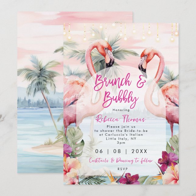 flamingo brunch bubbly bridal shower invitation (Front/Back)