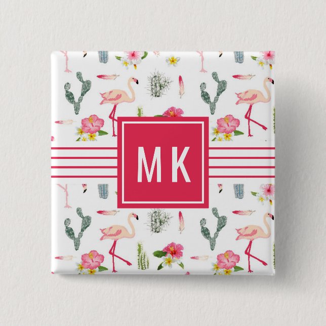 Flamingo Cactus Pineapple Hibiscus Pattern 2 Inch Square Button (Front)