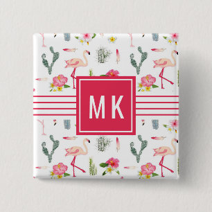 Flamingo Cactus Pineapple Hibiscus Pattern 2 Inch Square Button